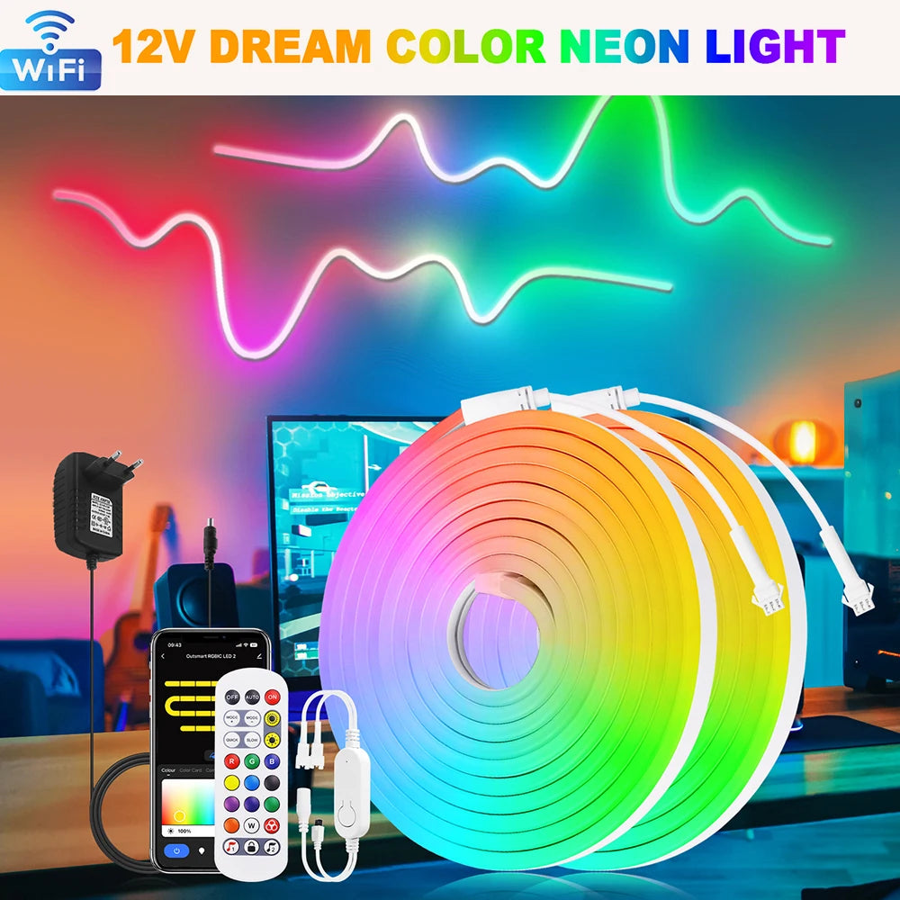 WiFi Smart RGB Neon LED Strip Light 24Key Remote Control 12V EUPlug WS2811 84LED/M Gaming Room Decoration 1M 2M 3M